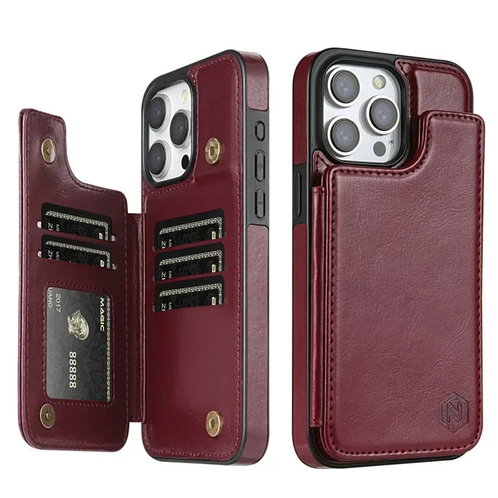 Open iPhone leather wallet case displaying card holder capacity & magnetic closure detail.