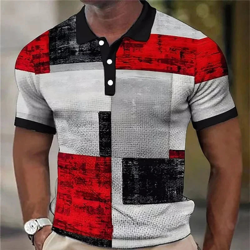 Stylish men's short-sleeve polo shirt featuring a vibrant, bold plaid pattern, perfect for everyday wear.