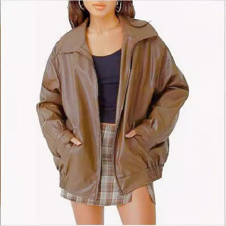 Black oversized leather bomber jacket for women, a comfortable and stylish casual fall jacket.