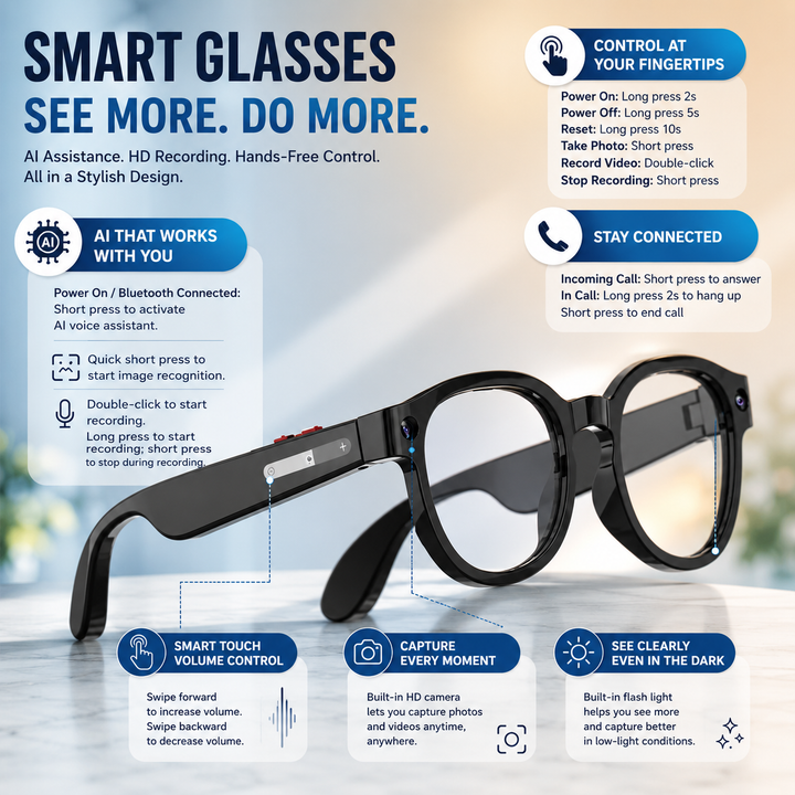 Hidden spy glasses with 4K video recording for covert operations & clear, high-resolution hands-free footage.