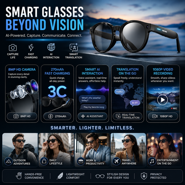 Unisex action camera glasses: 4K video recording for hands-free adventures, personal security, and discreet use.