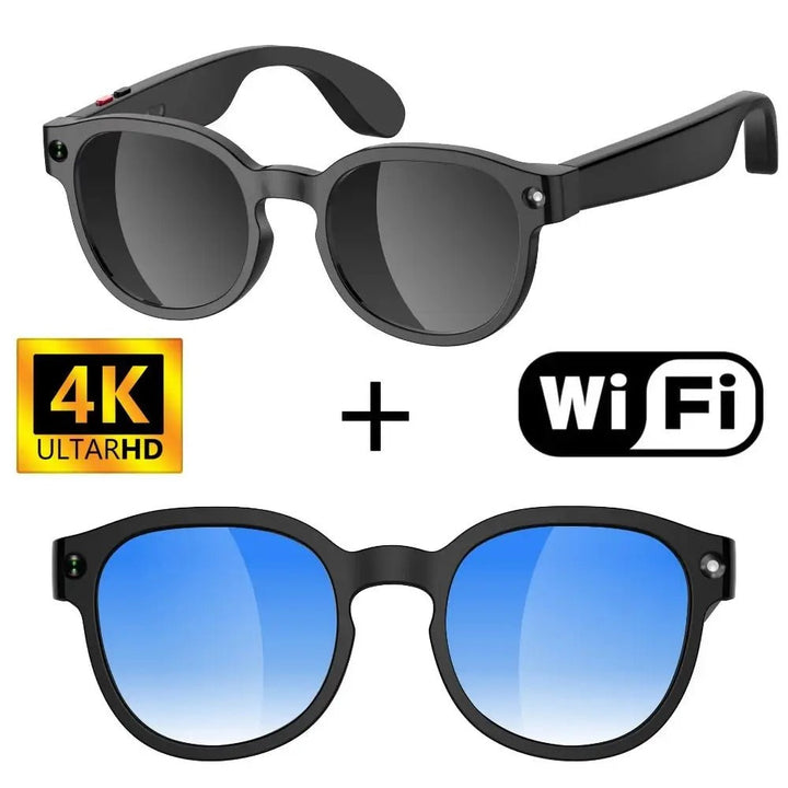 Personal security 4K camera glasses; discreet unisex design for covert hands-free video recording & surveillance.