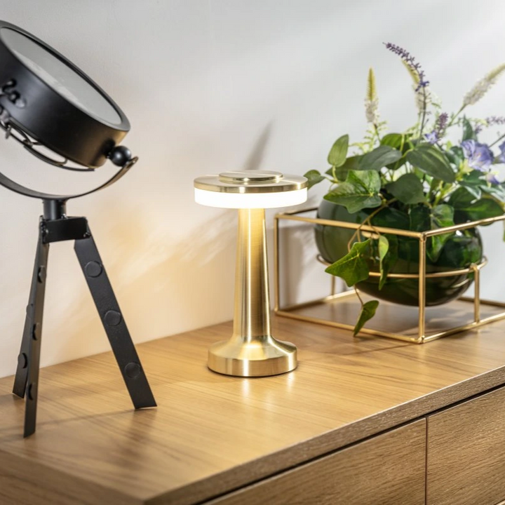 Portable rechargeable LED table lamp with retro design. Ideal for bar tops & accent home decor.