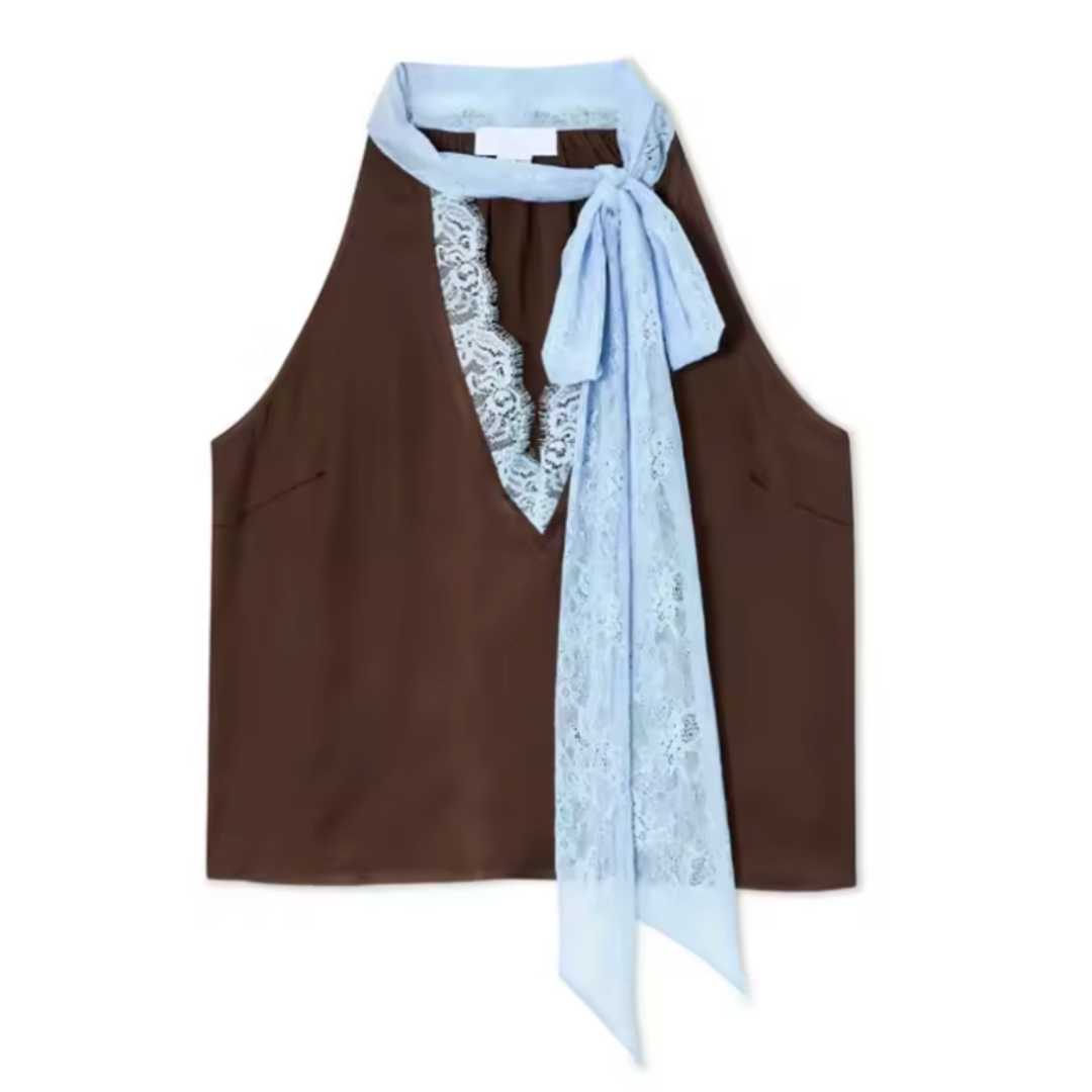 Elegant brown women's two-piece skirt set with a delicate lace panel top, perfect for a chic and feminine look.