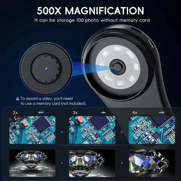 High-magnification 500X digital pocket microscope for detailed observation and inspection tasks.