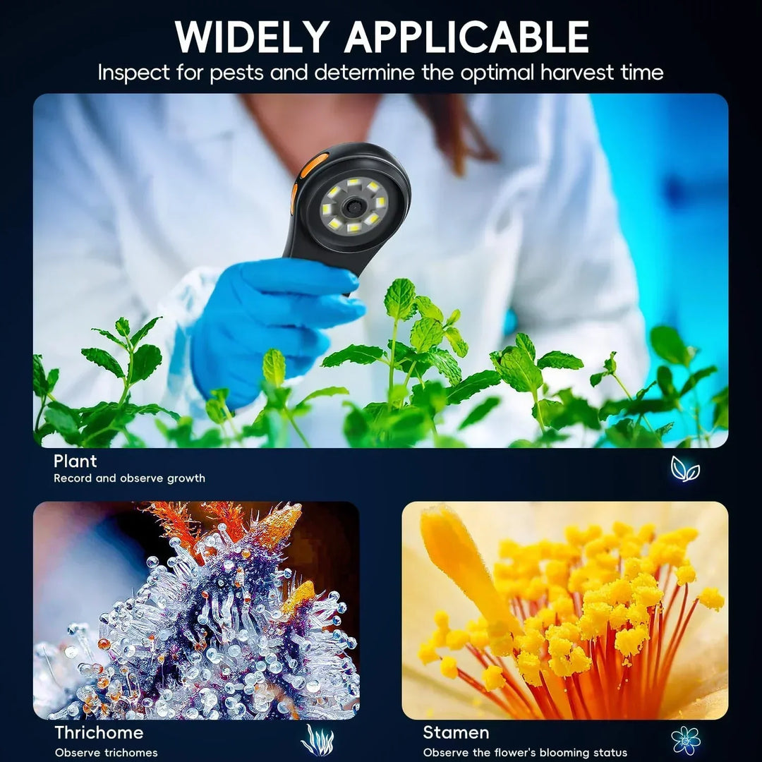 Portable digital microscope with HD display, 500X zoom for clear views in electronics & nature.