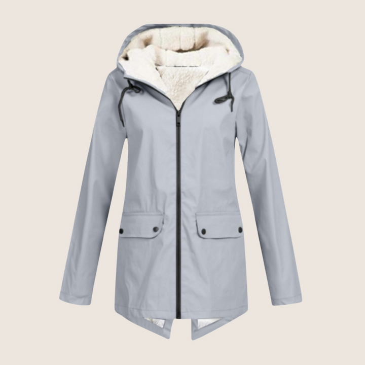 Windproof & waterproof women's rain jacket with adjustable hood, ideal outerwear for all-weather protection.