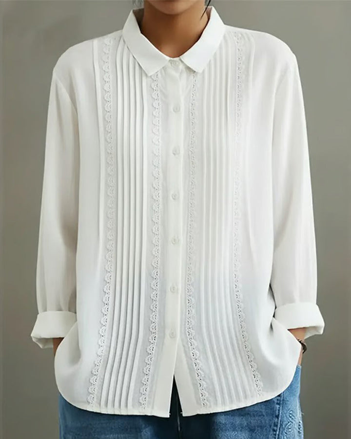 Women's Pintuck Lace Detail Button-Up Blouse