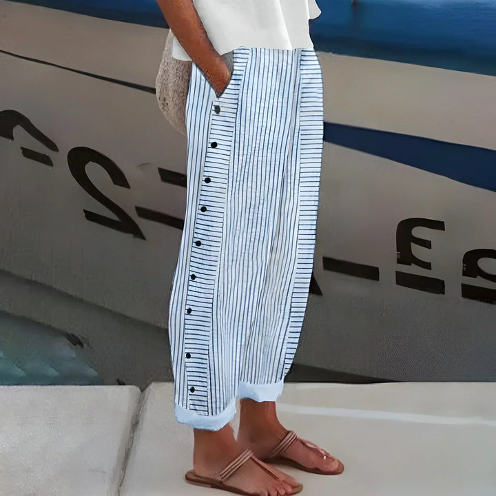 Women's lightweight striped buttoned trousers with a relaxed fit, perfect for casual summer fashion & everyday wear.