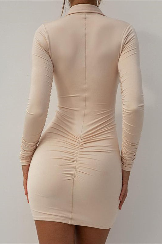 Beige fitted midi shirt dress for women with collared neckline & button-up front, ideal for workwear or casual.
