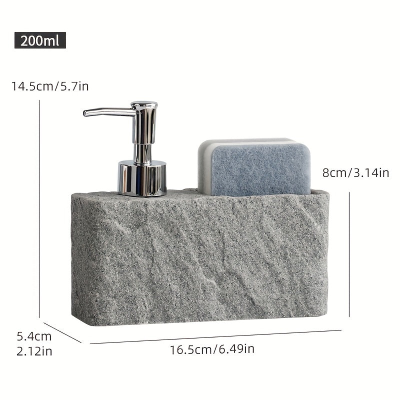 Durable stone-look resin soap dispenser, a chic kitchen & bath sponge organizer.
