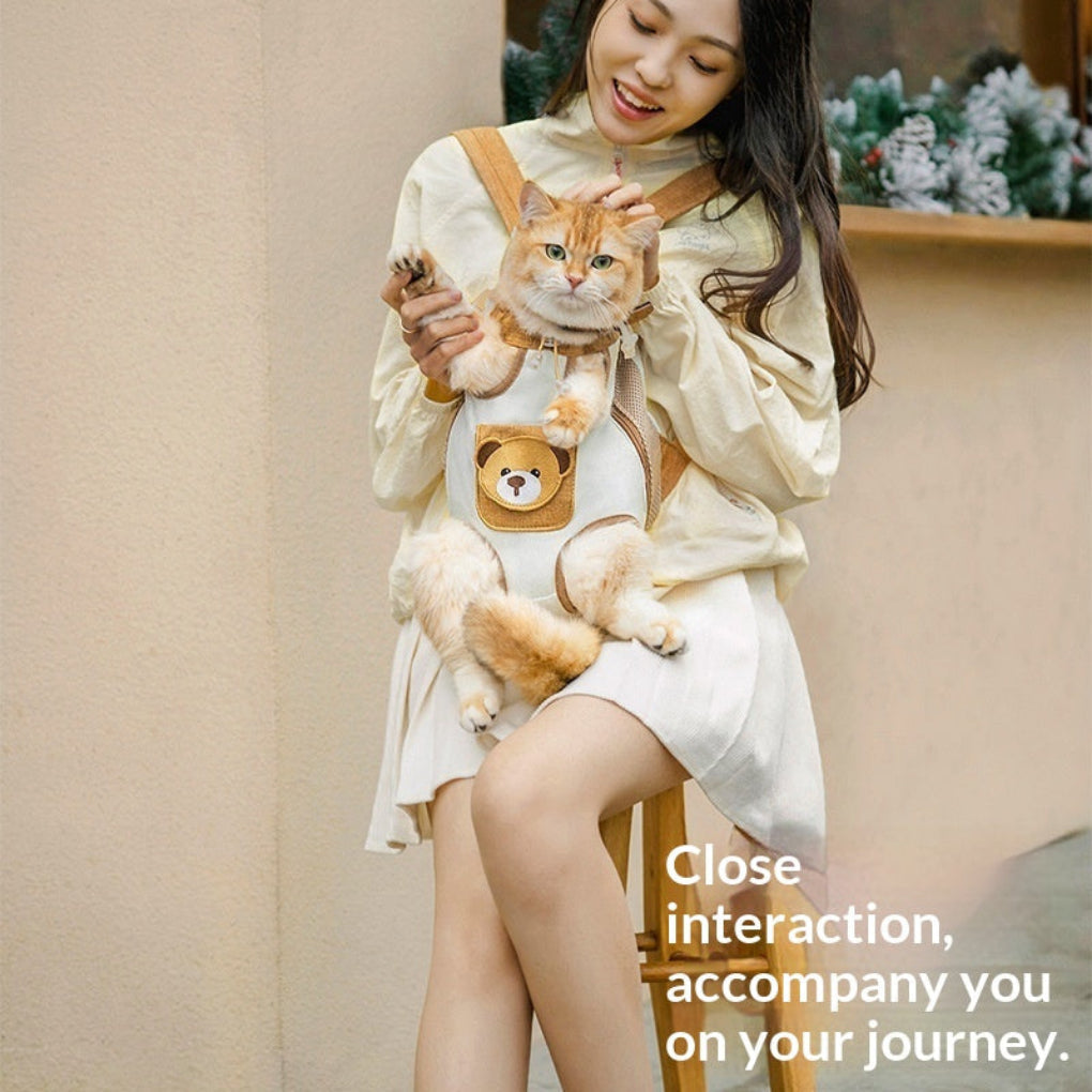 Unisex portable pet backpack with chest strap for small dogs & cats. Comfortable, secure design for hands-free travel.