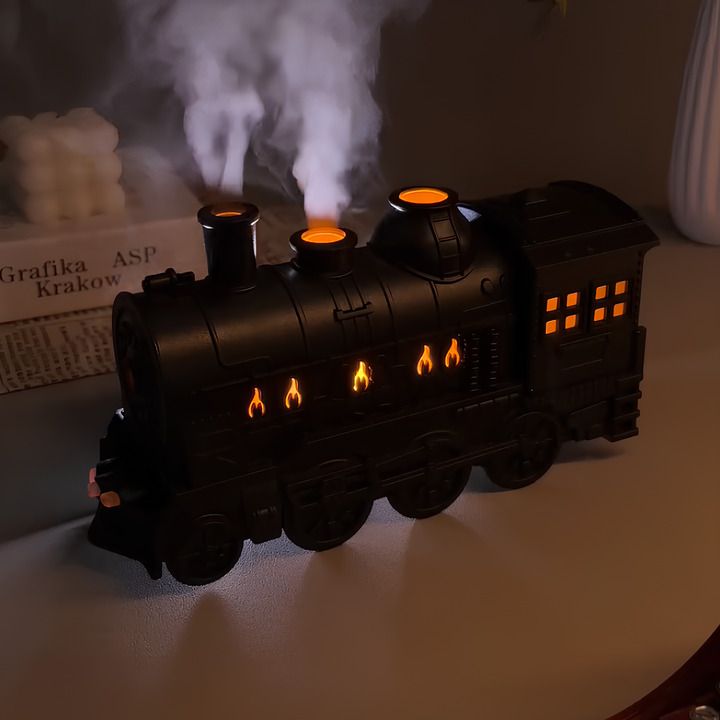 Vintage train humidifier, USB powered, providing a cool mist & ambient LED light for cozy home decor.