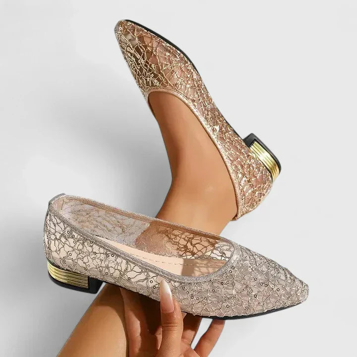 Women's Lace Pointed Toe Flats with Gold Heel