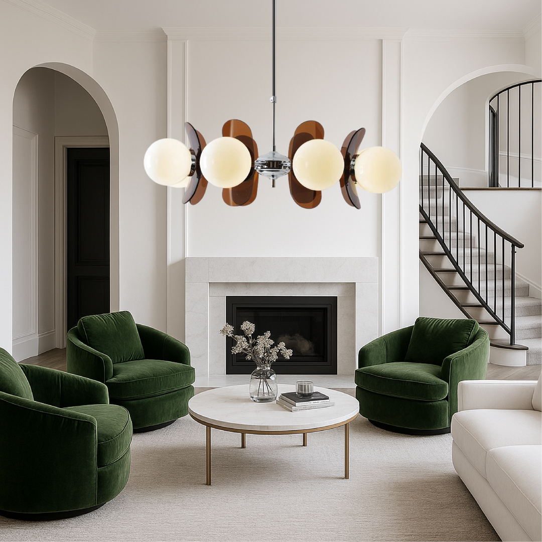 Bauhaus style contemporary geometric chandelier, black finish with multiple frosted glass spheres.