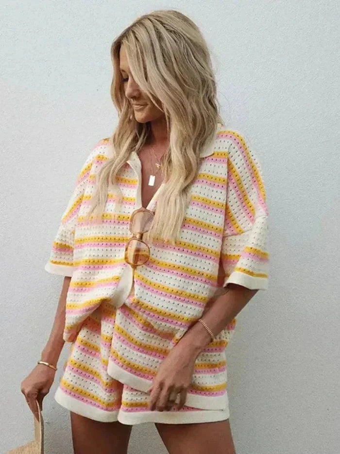 Effortless women's two-piece summer set. Relaxed fit, comfortable for vacation, beach, or daytime chic.