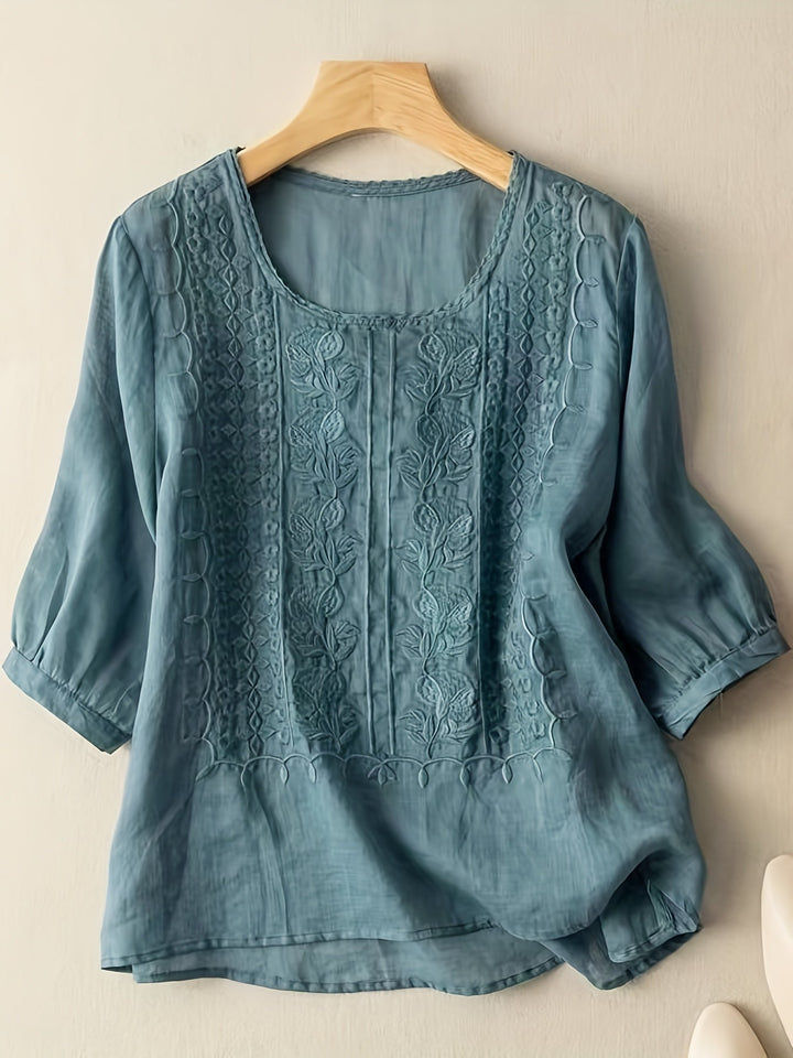 Women's elegant embroidered long sleeve blouse, relaxed fit for everyday comfort and chic style.