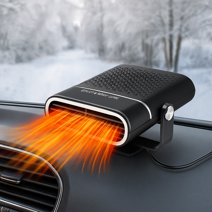 Compact 12V portable car heater & defroster auto accessory, easily plugs into car's cigarette lighter.