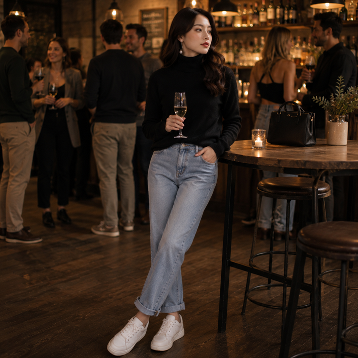 Chic women's roll-neck sweater, made from soft cashmere-blend for versatile fashion and comfort.