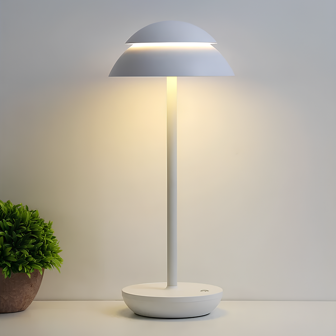 Minimalist rechargeable LED table lamp with touch control. Ideal Nordic accent for any space.