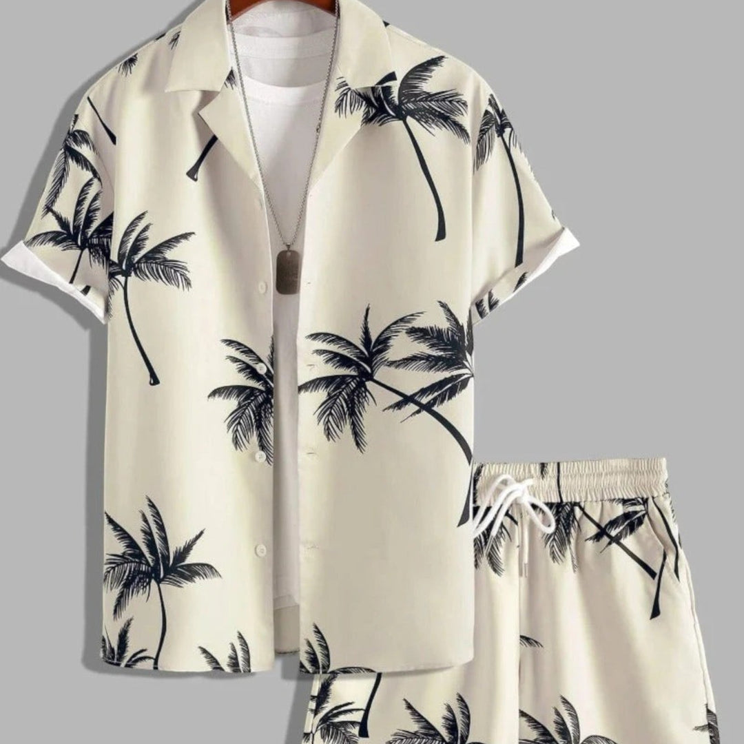 Men's tropical print shirt and shorts set, ideal summer outfit for beachwear and island vacations.