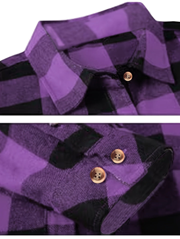 Chic women's lumberjack plaid shirt, relaxed fit, buffalo check, ideal for casual style.