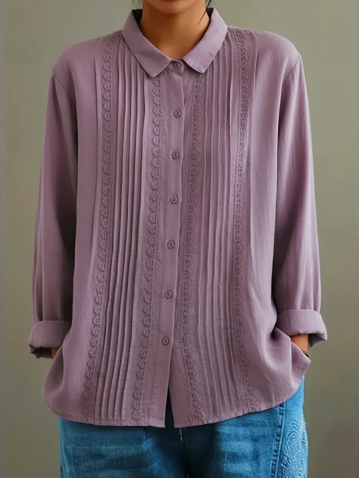 Women's Pintuck Lace Detail Button-Up Blouse