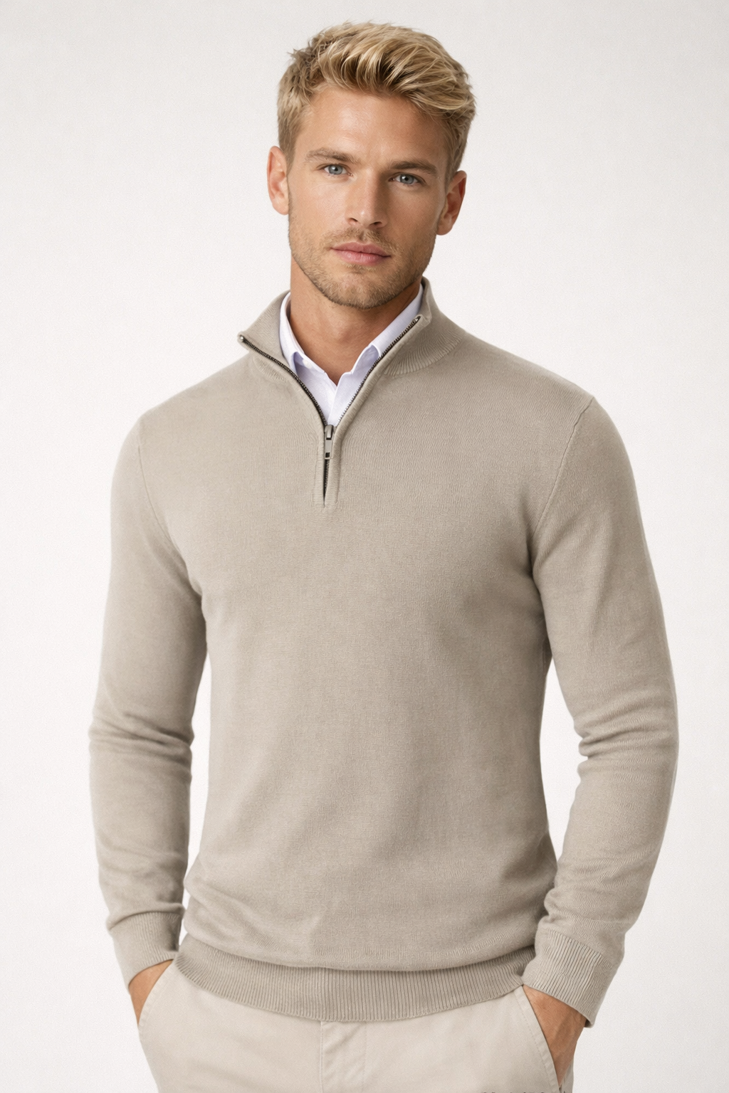 Men's high neck half zip sweater in a modern design, adding a smart yet casual touch to any outfit.