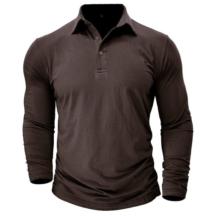 Button-up men's long-sleeve polo shirt, designed for smart casual elegance.