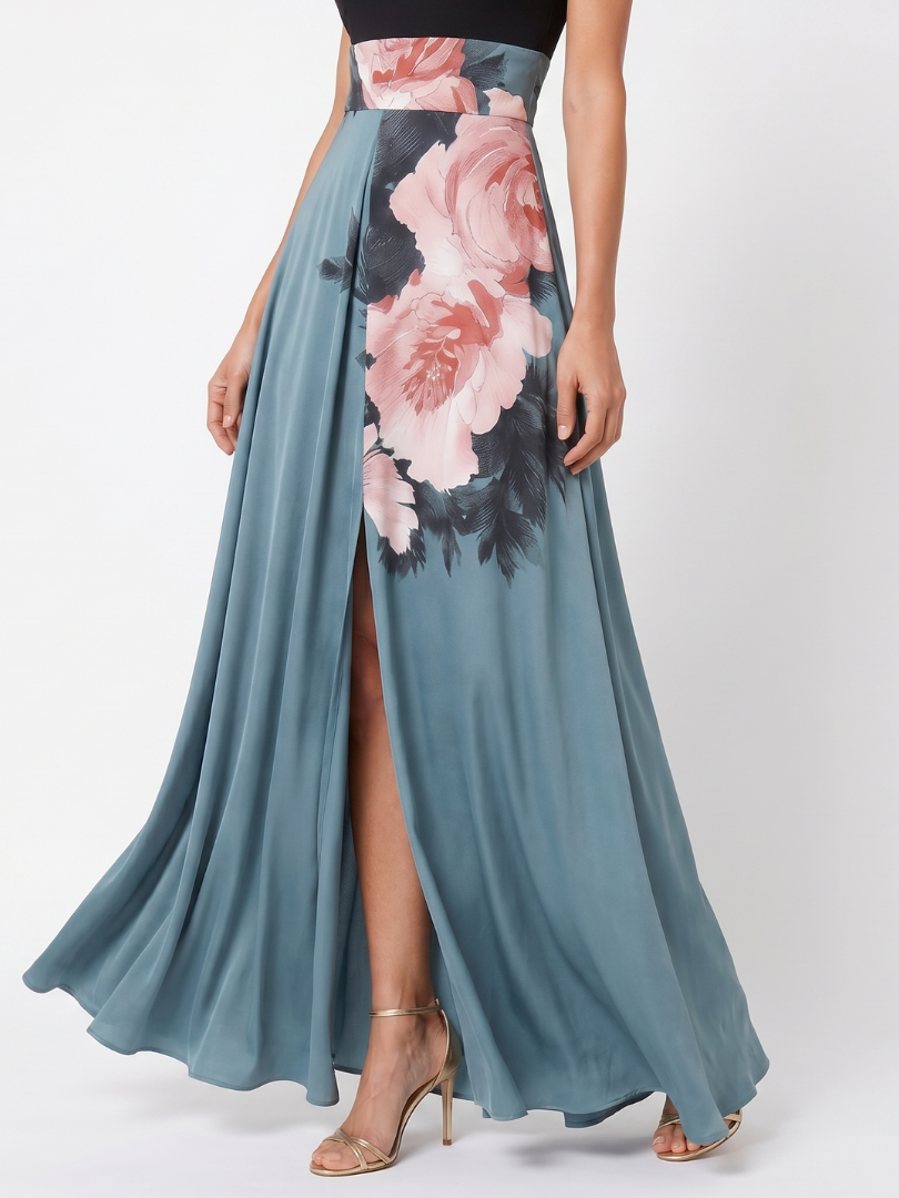 Long women's floral print maxi dress with a flattering halter bodice and a trendy front leg slit design.
