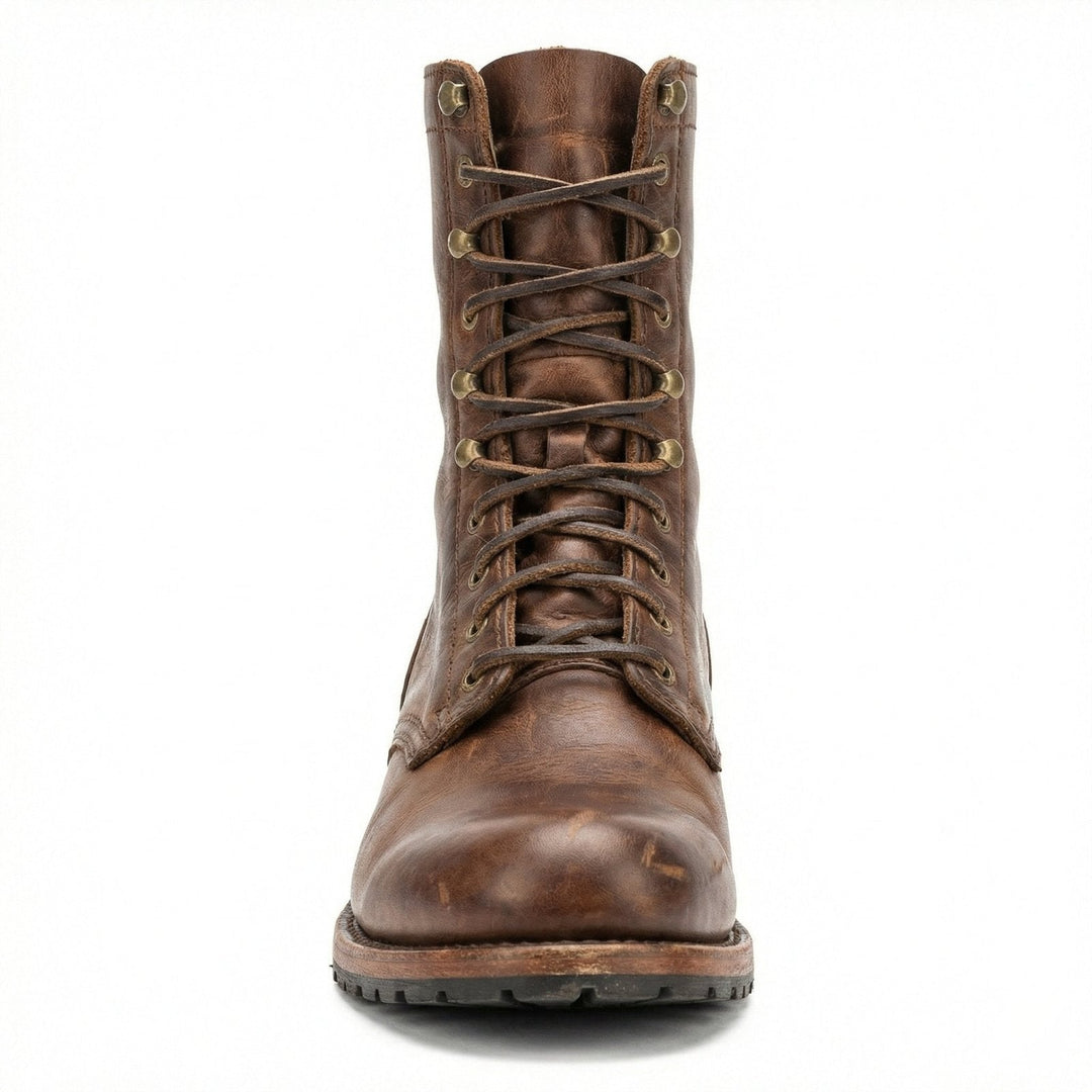 Stylish women's dark brown lace-up leather boots with block heel, perfect for casual everyday fall & winter fashion outfits.