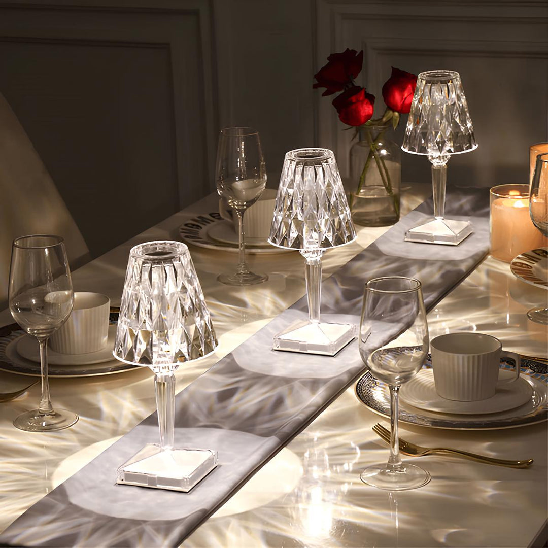 Rechargeable crystal table lamp, touch dimming for versatile home decor and mood lighting.