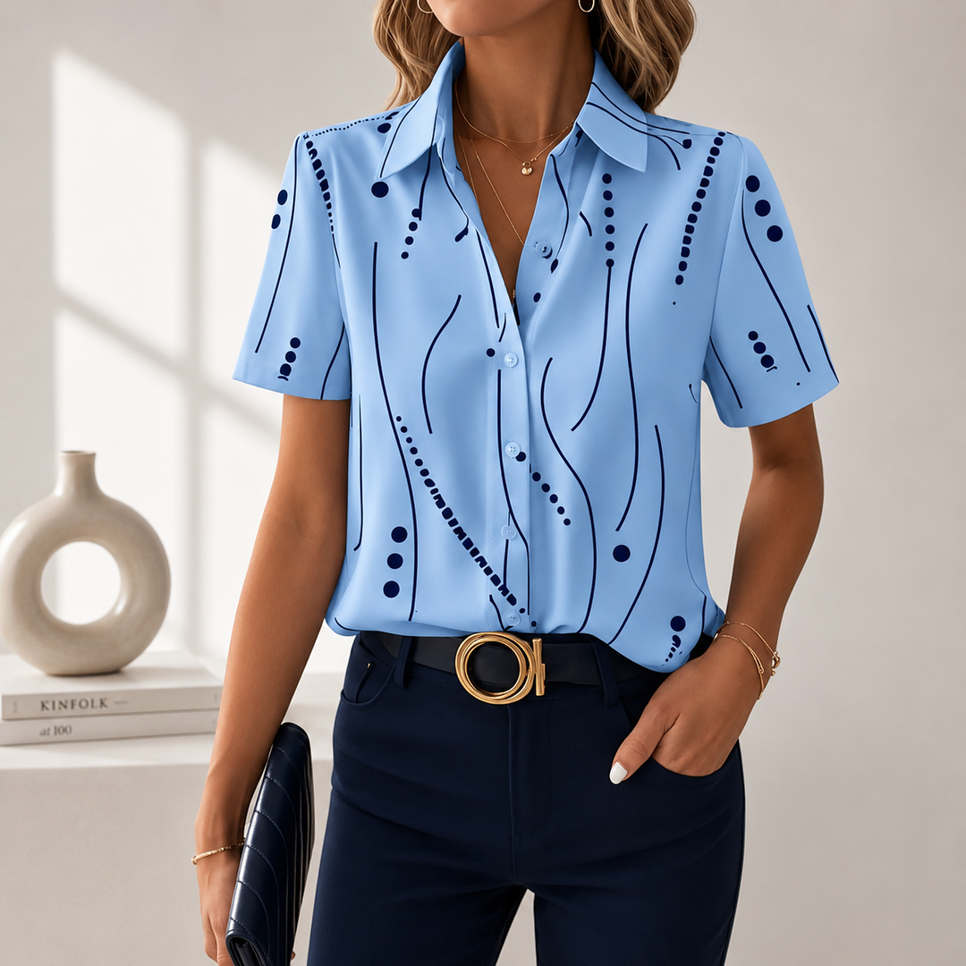 Women's short sleeve abstract print blouse, elegant & chic, perfect for work or casual spring/summer wear.