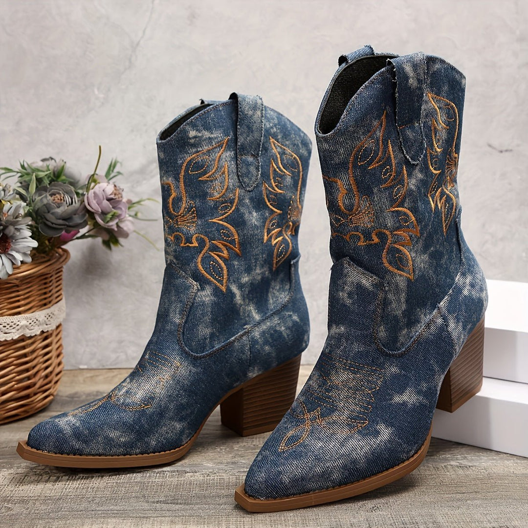 Stylish wide-calf women's embroidered mid-calf cowboy boots, combining comfort with versatile western fashion.