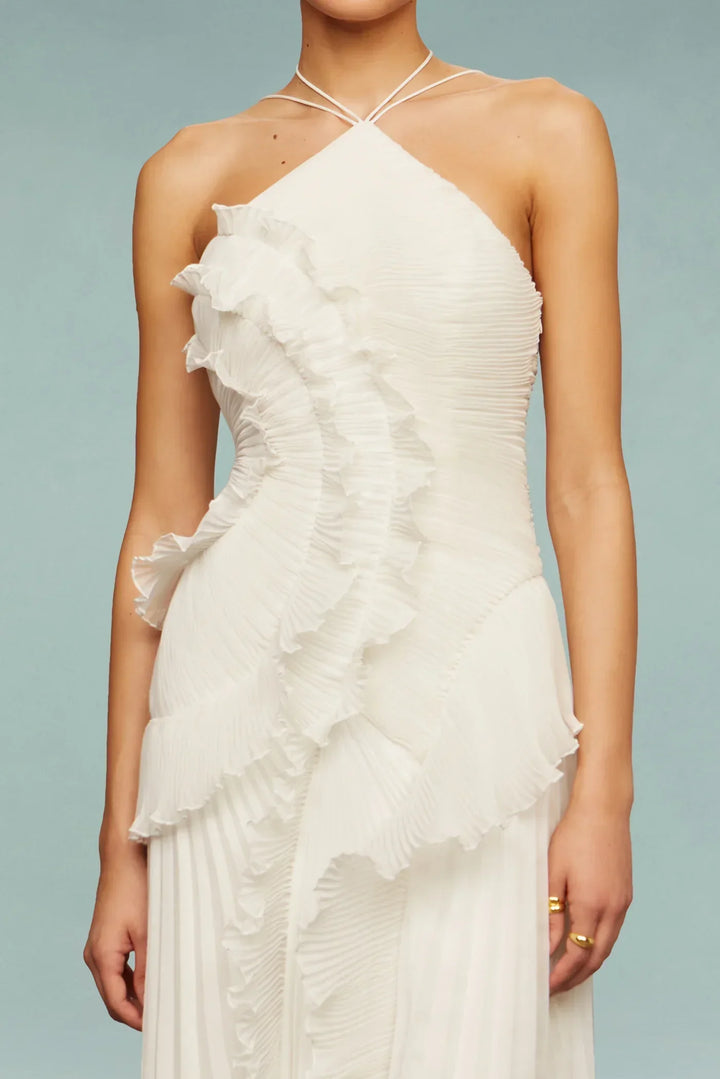 Women's elegant ruffled halter maxi dress in lavender, a stunning choice for any formal event or party.