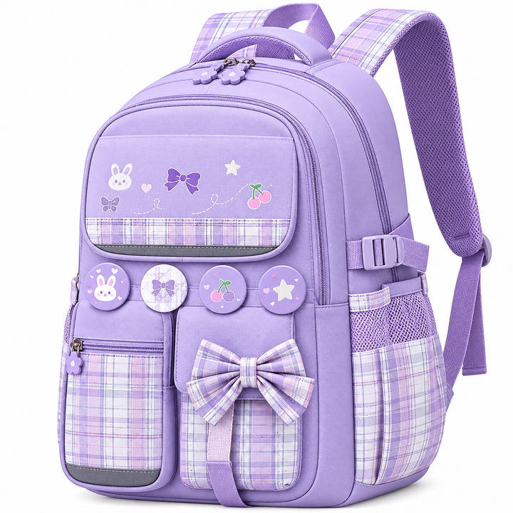 Purple girls' ergonomic school backpack with padded straps, lightweight & spacious design for comfortable carrying.