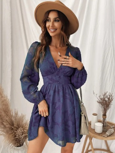 Elegant women's short V-neck dress, with charming puff sleeves, ideal for parties, special events & evening wear.