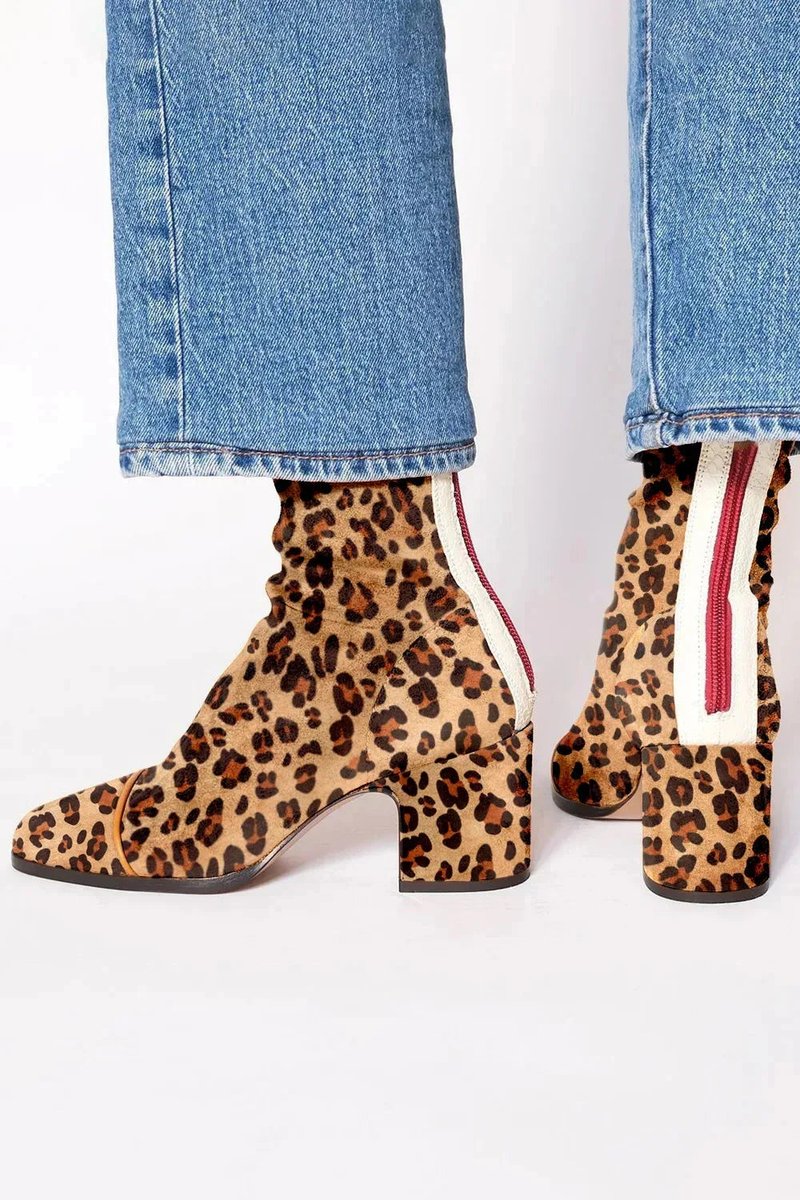 Women's stylish block heel ankle boots with a unique leopard print toe for versatile seasonal wear.