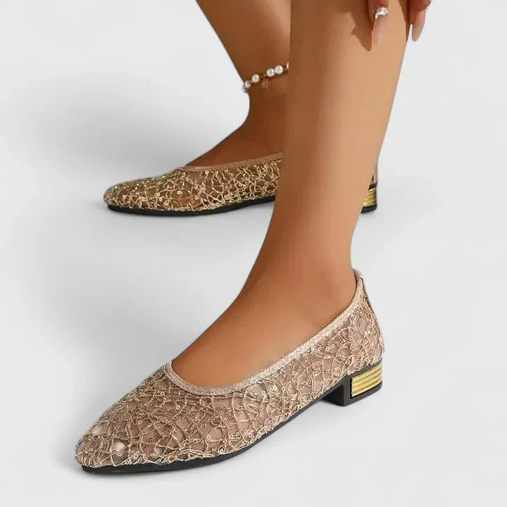 Women's Lace Pointed Toe Flats with Gold Heel