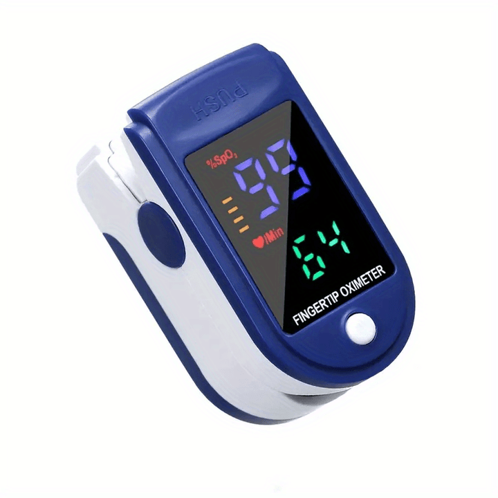 Compact finger pulse oximeter for portable oxygen saturation (SpO2) and heart rate monitoring, ideal for home health.