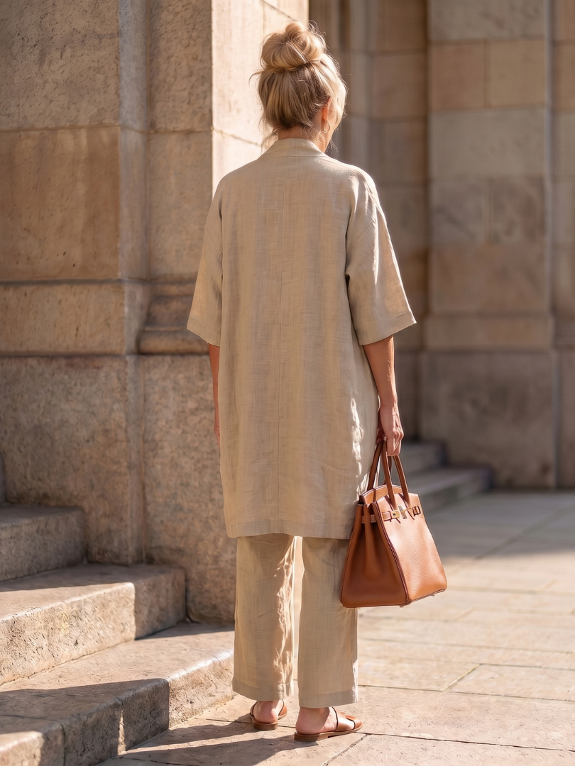 Model wearing a women's three-piece set: relaxed top, lightweight cardigan, and chic wide-leg pants.