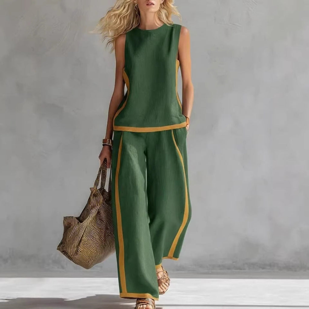 Stylish women's sleeveless top and wide leg pants set. Ideal spring/summer outfit for vacation or casual wear.