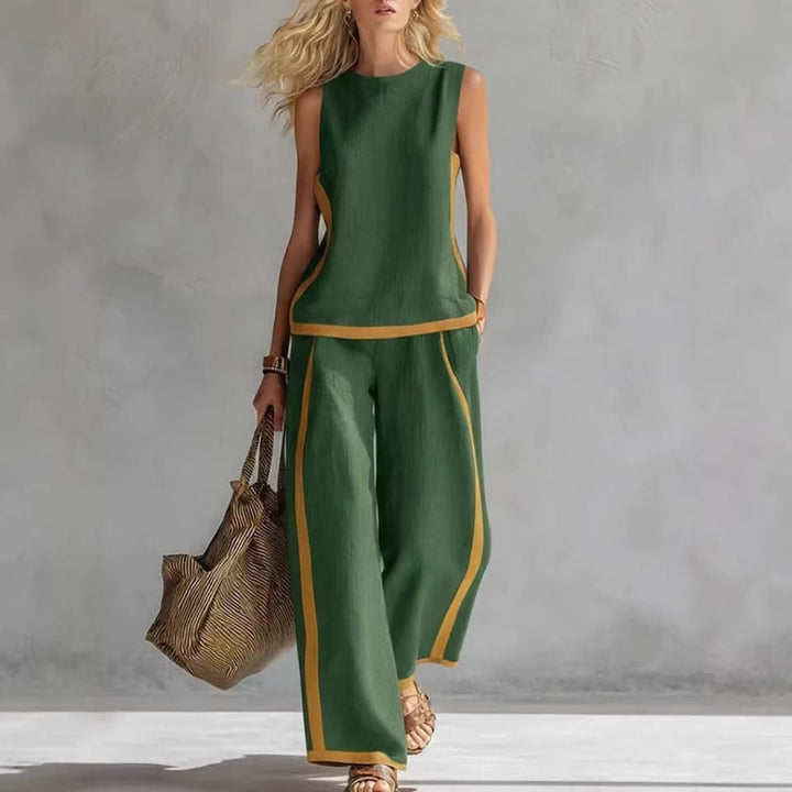 Stylish women's sleeveless top and wide leg pants set. Ideal spring/summer outfit for vacation or casual wear.