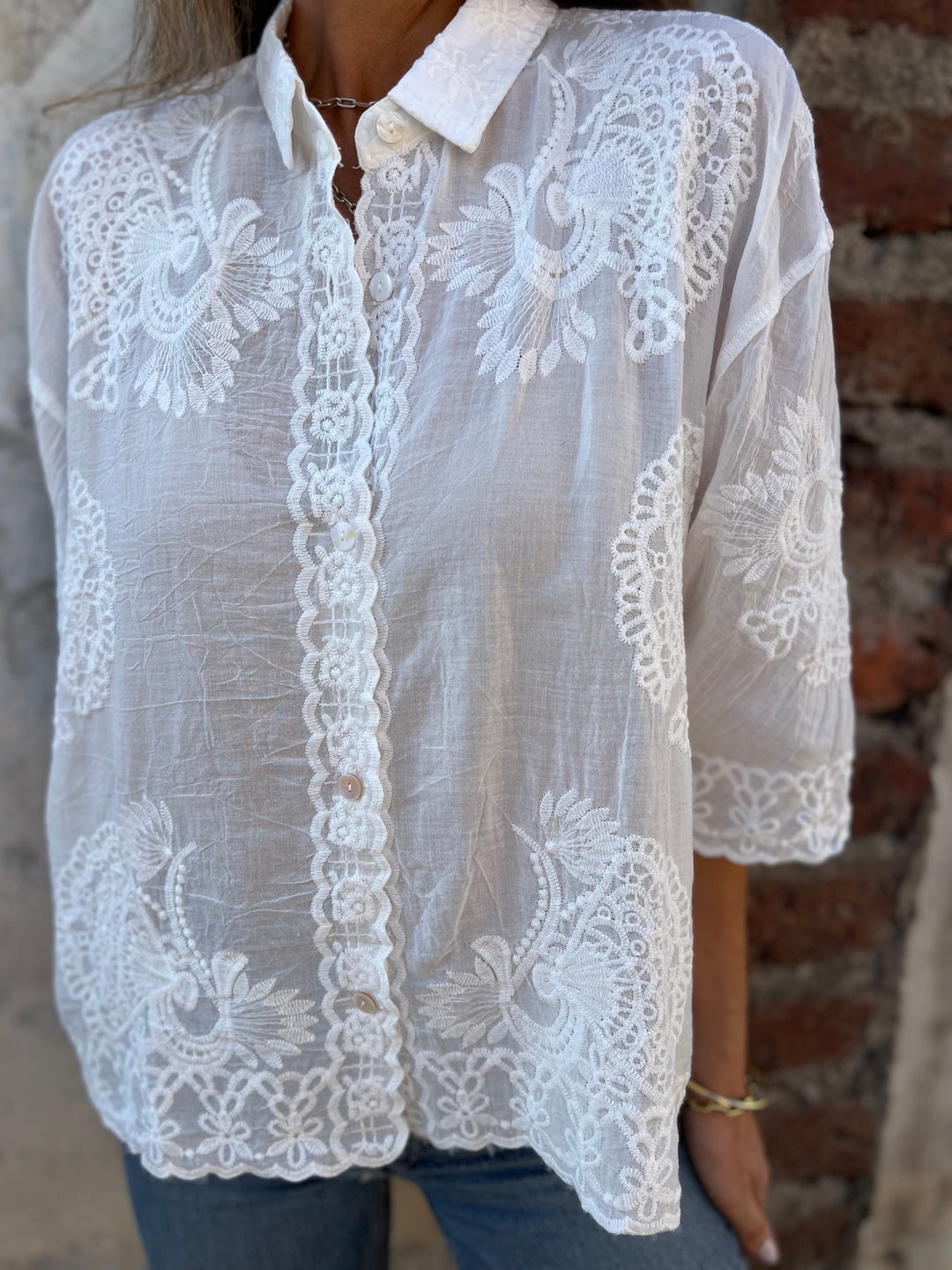 Women's Lace Embroidered Button-Up Blouse