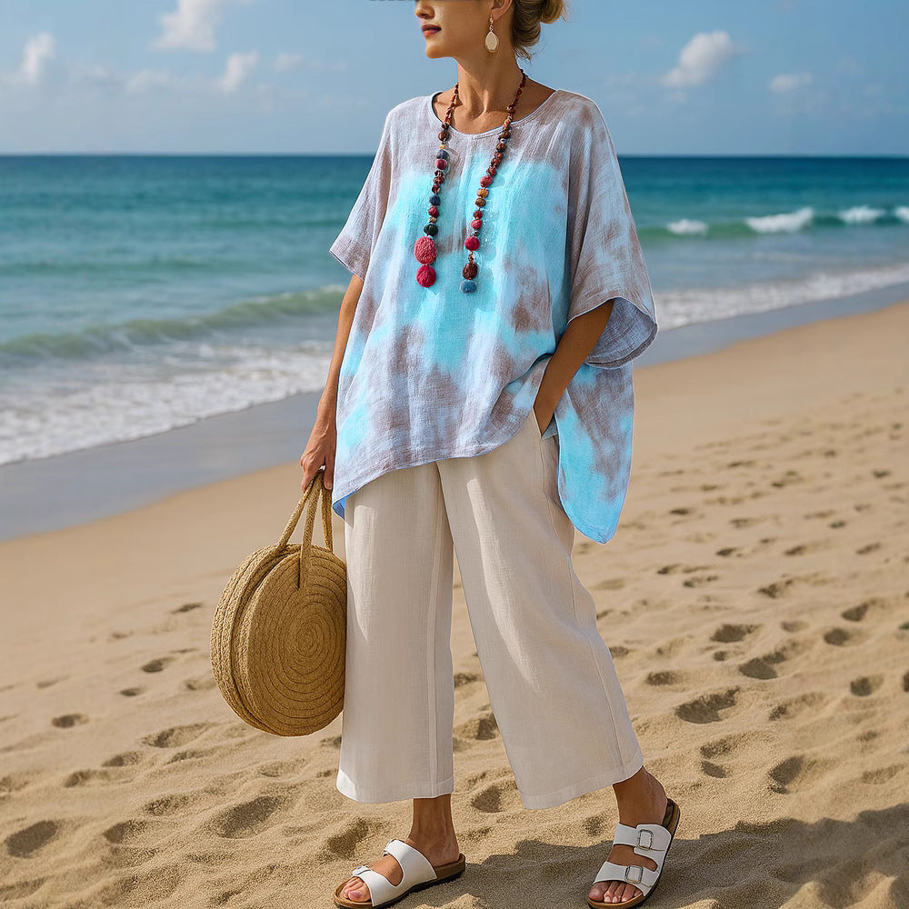 Flowy women's asymmetric summer tunic top in royal blue, comfortable and modern for everyday style.