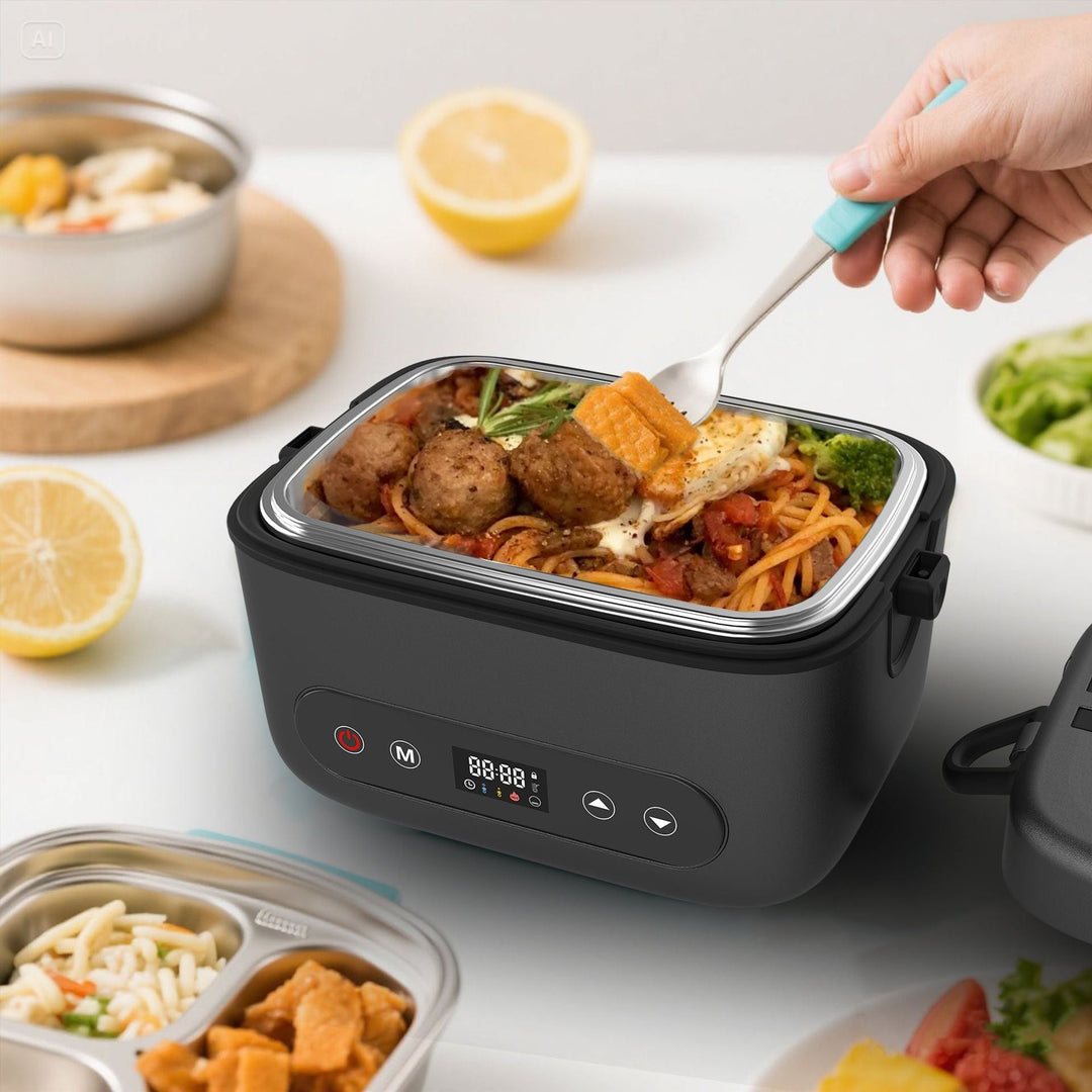 Electric meal warmer & food storage box. Convenient for hot office lunches & travel food.