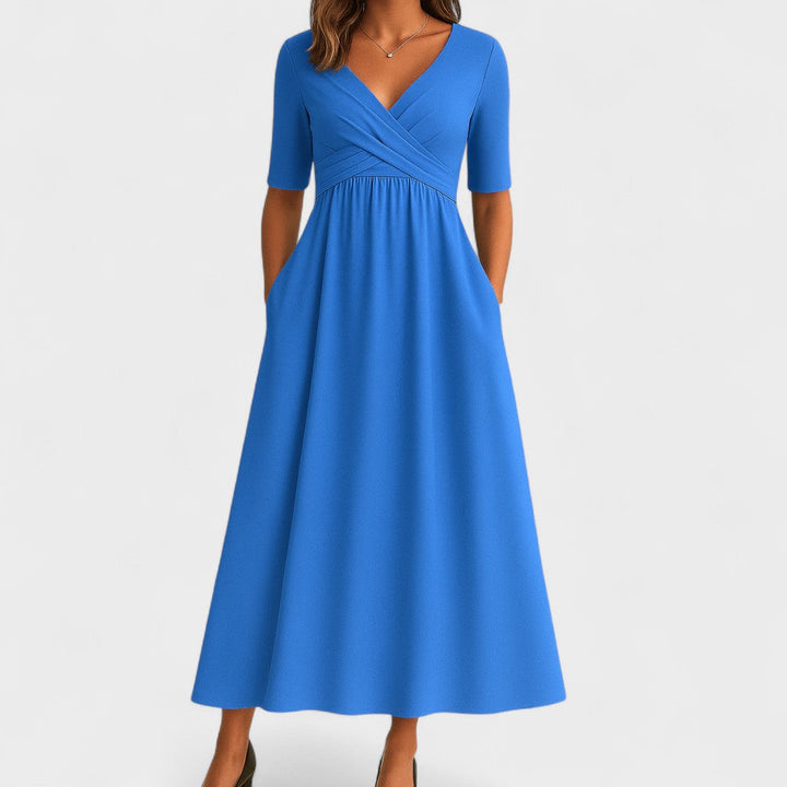Stylish women's V-neck midi dress, an elegant and flattering short-sleeve design perfect for any occasion.
