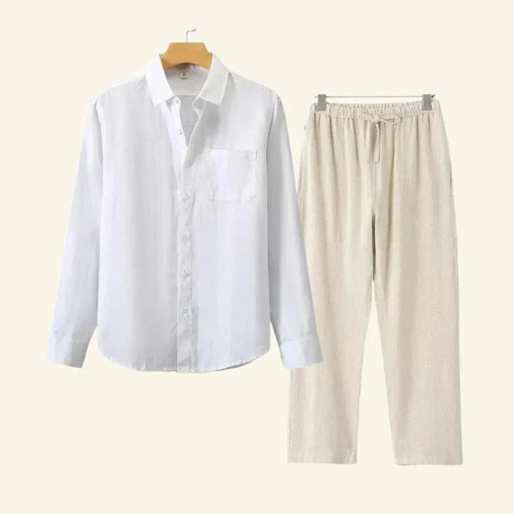 Comfortable men's matching outfit: effortless co-ord set with relaxed fit shirt & trousers for casual wear.