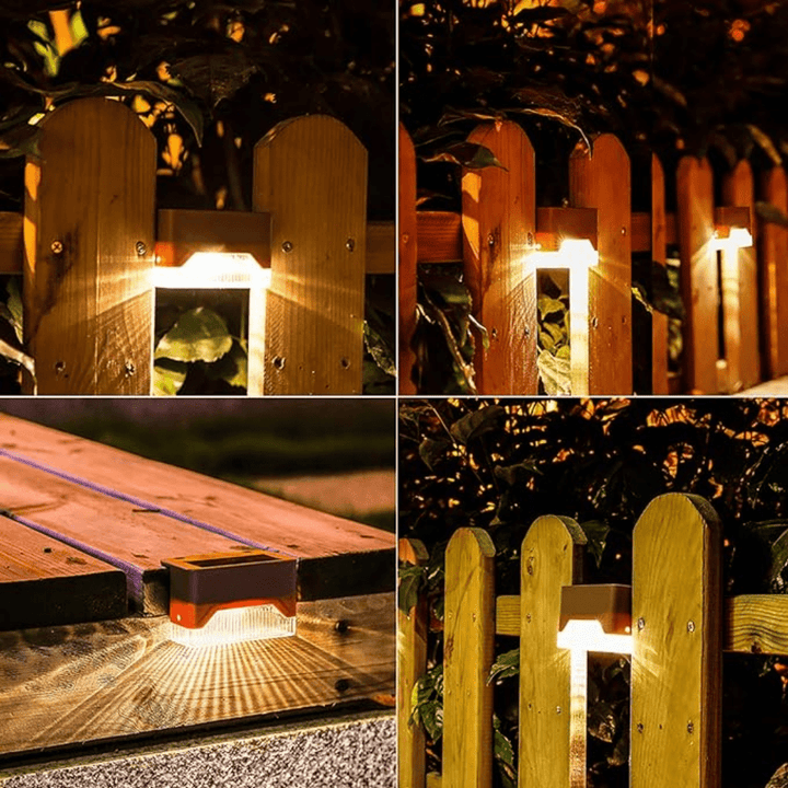 Outdoor solar LED step lights for stairs, decks, and patios. Self-adhesive for easy install & waterproof design.