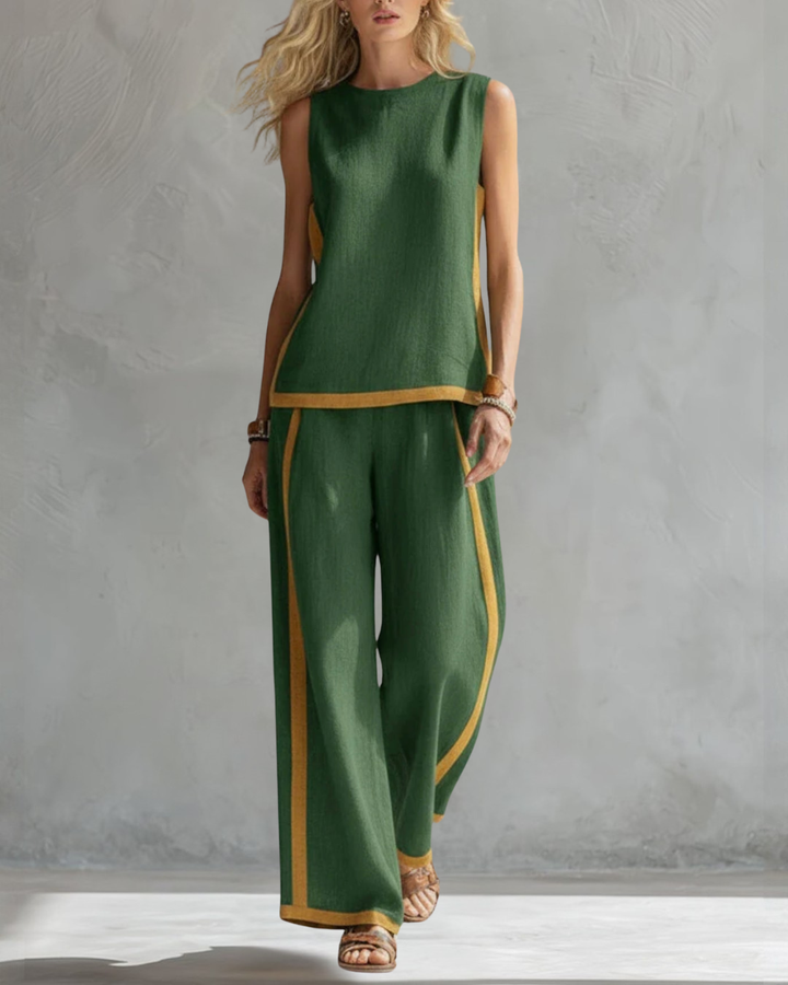 Women's summer outfit: elegant sleeveless top and wide leg trousers, a fashionable two-piece set.